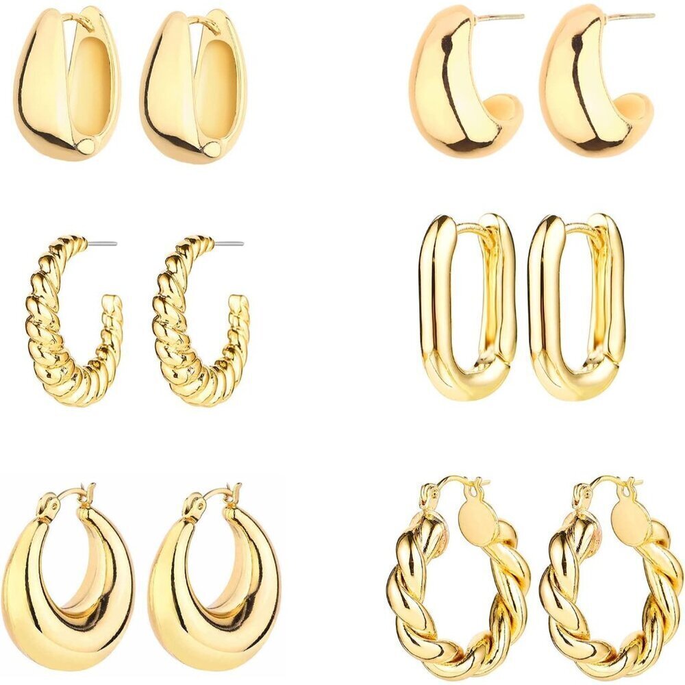 6 Pairs Gold Plated Hoop Earrings for Women Light & Hypoallergenic Stylish Jewel